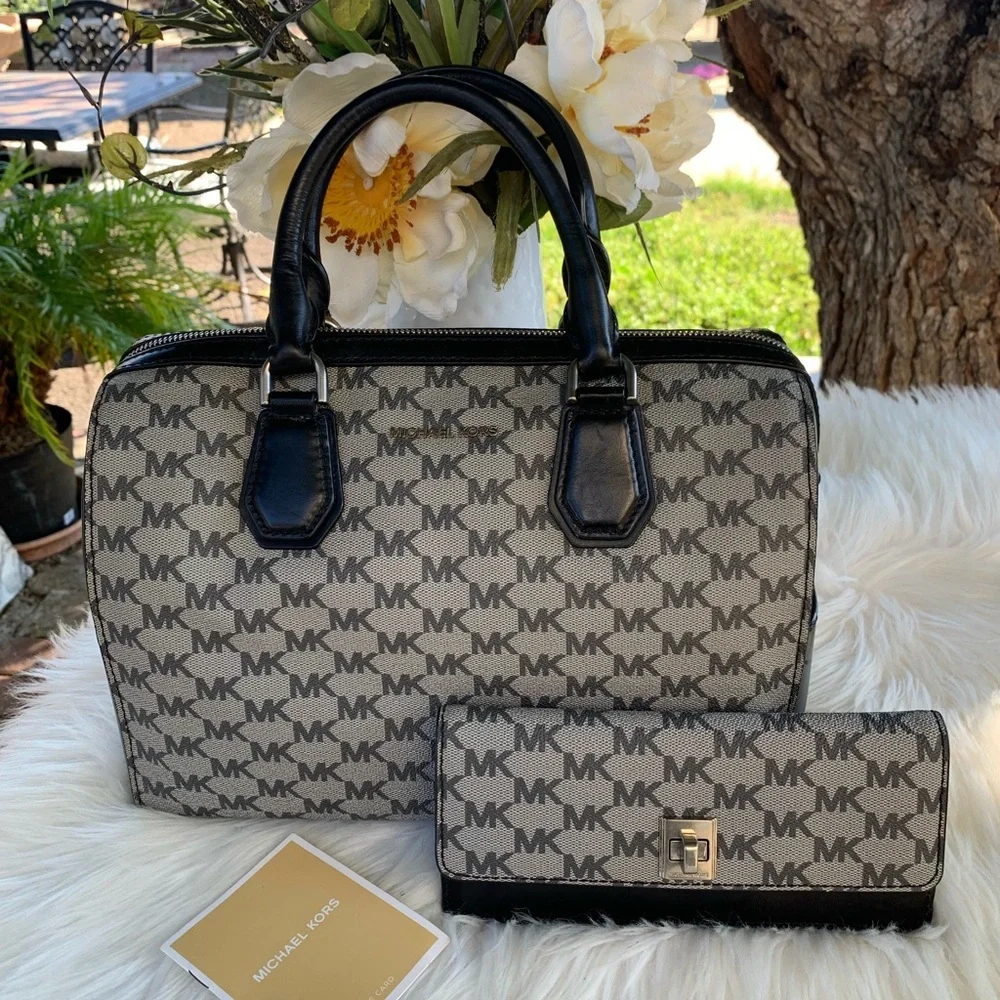 Michael Kors Mercer Monogram Leather Medium Duffle Satchel And Envelop Wallet